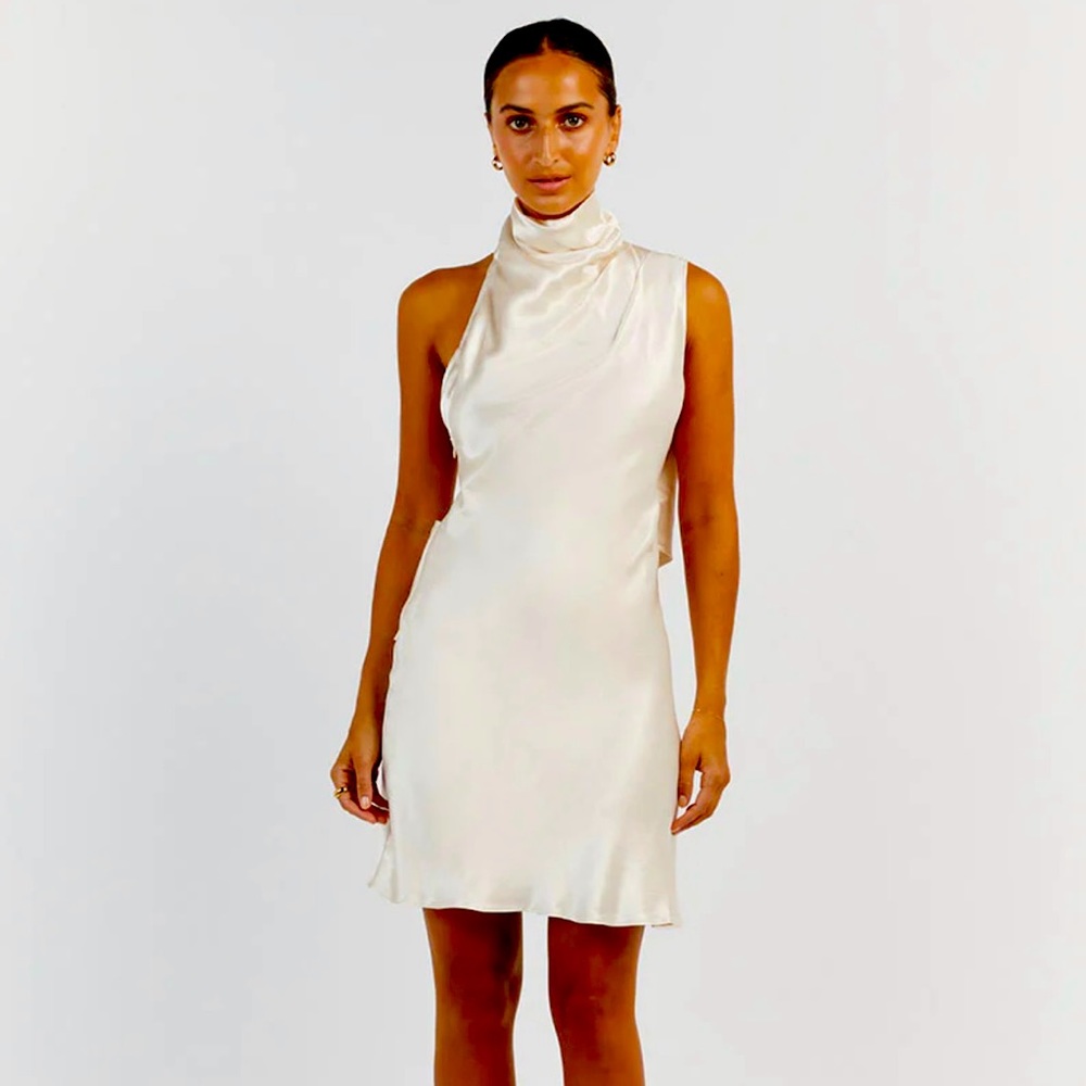 DISSH Ivory Satin Backless Halter Mini Dress
